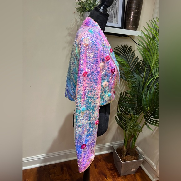 Nasty Gal Premium Floral Embellished Pink Iridescent Sequin Cropped Blazer 12 - Picture 9 of 16